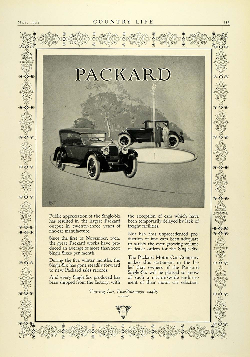 1923 Ad Antique Packard Single Six American Touring Car Enclosed COL3