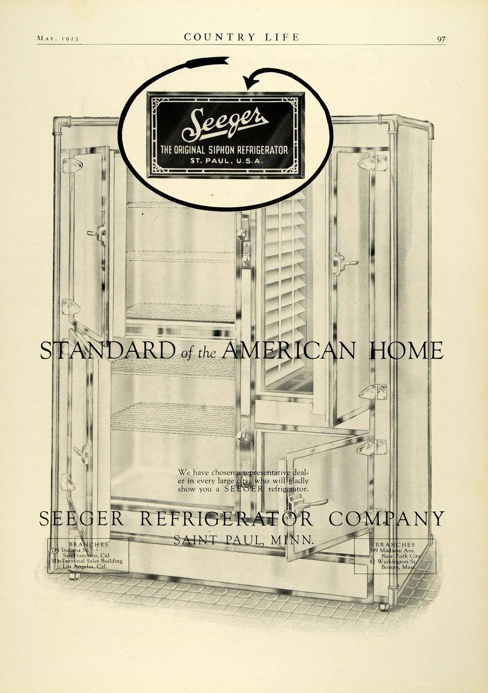 1923 Ad Antique Seeger Siphon Refrigerator Interior Kitchen Household COL3