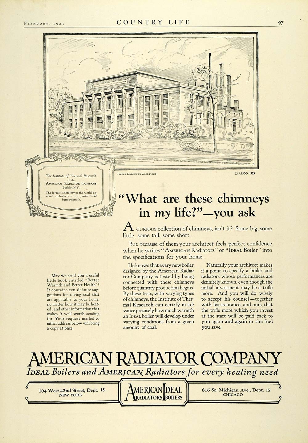 1923 Ad Ideal American Radiator Boiler Household Heating Appliance Carl COL3