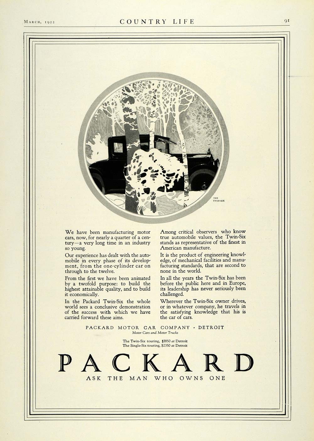 1922 Ad Packard Motor Car Co Detroit Twin-Six Automobile Vintage Motor COL3