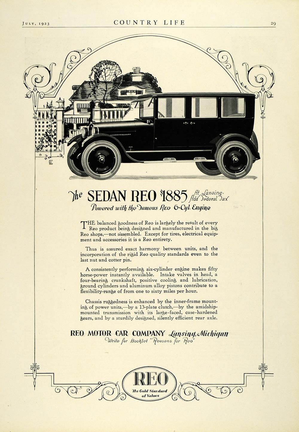 1923 Ad Reo Motor Car Co Lansing Michigan Sedan Automobile Six Cylinder COL3