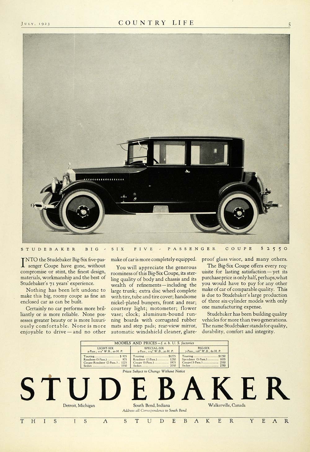 1923 Ad Studebaker Automobile Six Automobile Coupe Five Passenger Price COL3