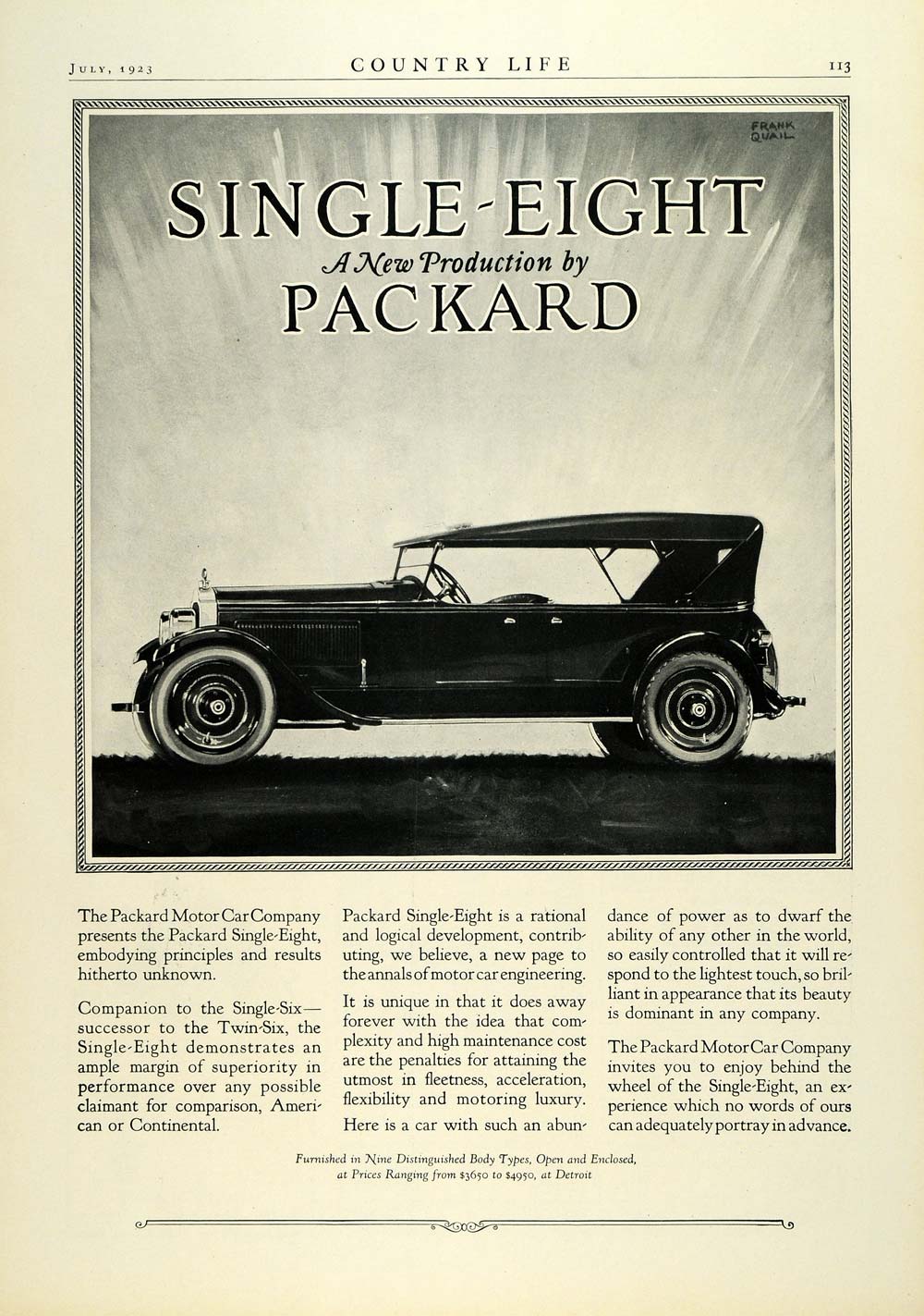 1923 Ad Packard Motor Car Co Single-Eight Automobile Vintage Car Frank COL3