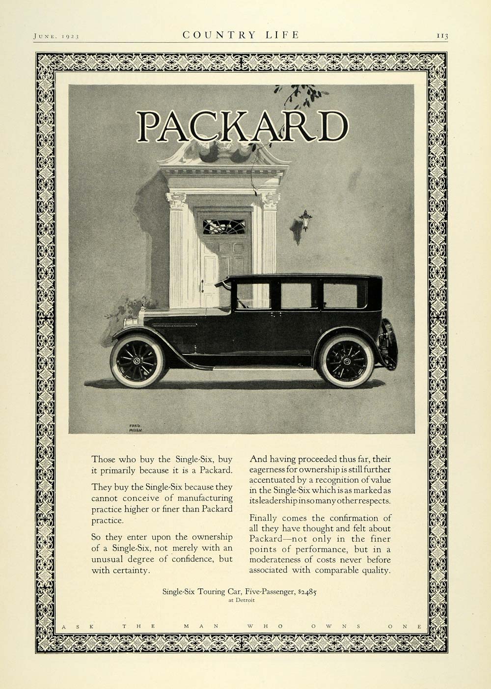 1923 Ad Packard Single Six Touring Car Five Passenger Home Entrance Door COL3