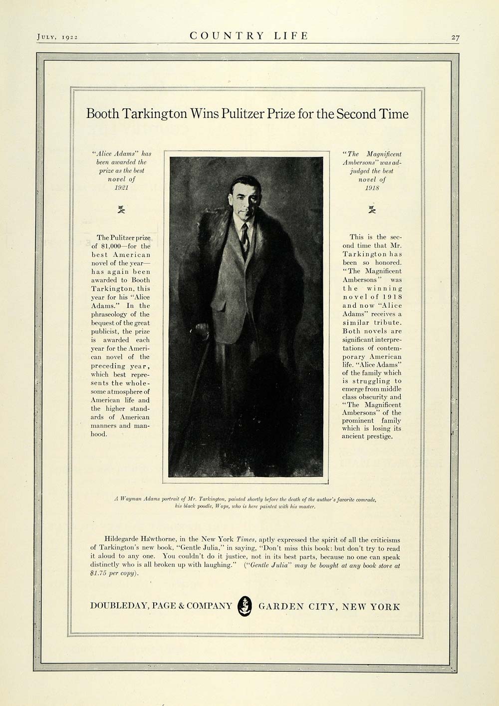 1922 Ad Double Day Page Co Garden City New York Booth Tarkington Pulitzer COL3