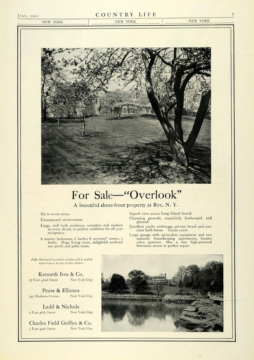1922 Ad Kenneth Ives & Co Overlook Shore-front Property House Rye NY Real COL3