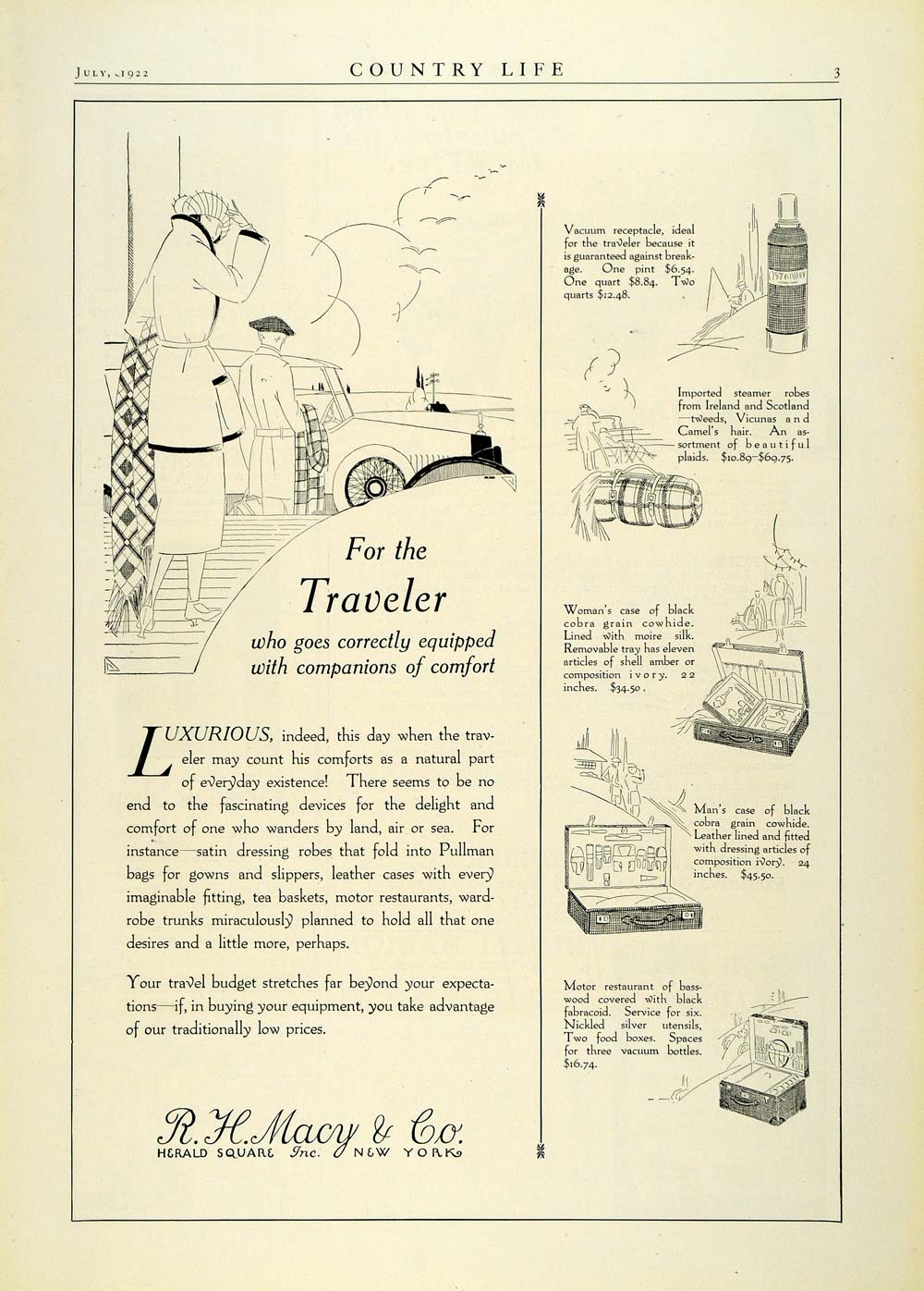 1922 Ad R H Macy & Co Traveler Satin Dressing Robes Pullman Bags New York COL3