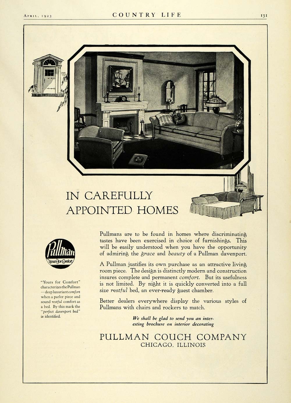 1923 Ad Pullman Couch Co Chicago Illinois Sofa-Bed Davenport Living Room COL3