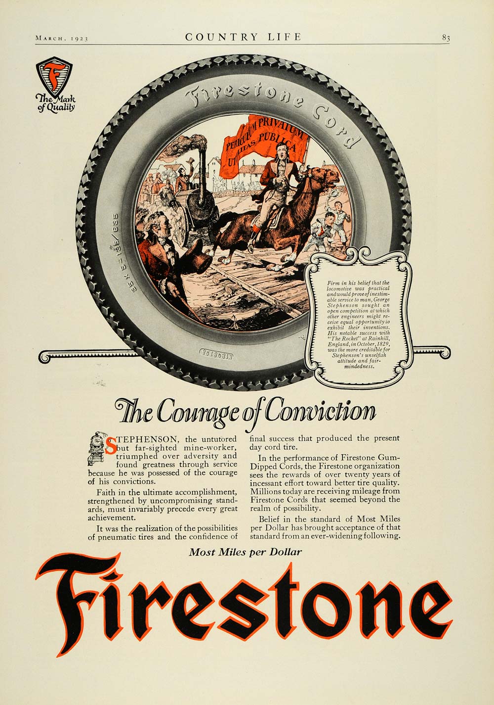 1923 Ad Firestone George Stephenson Rail Tracks Top Hat Tire Cords COL3