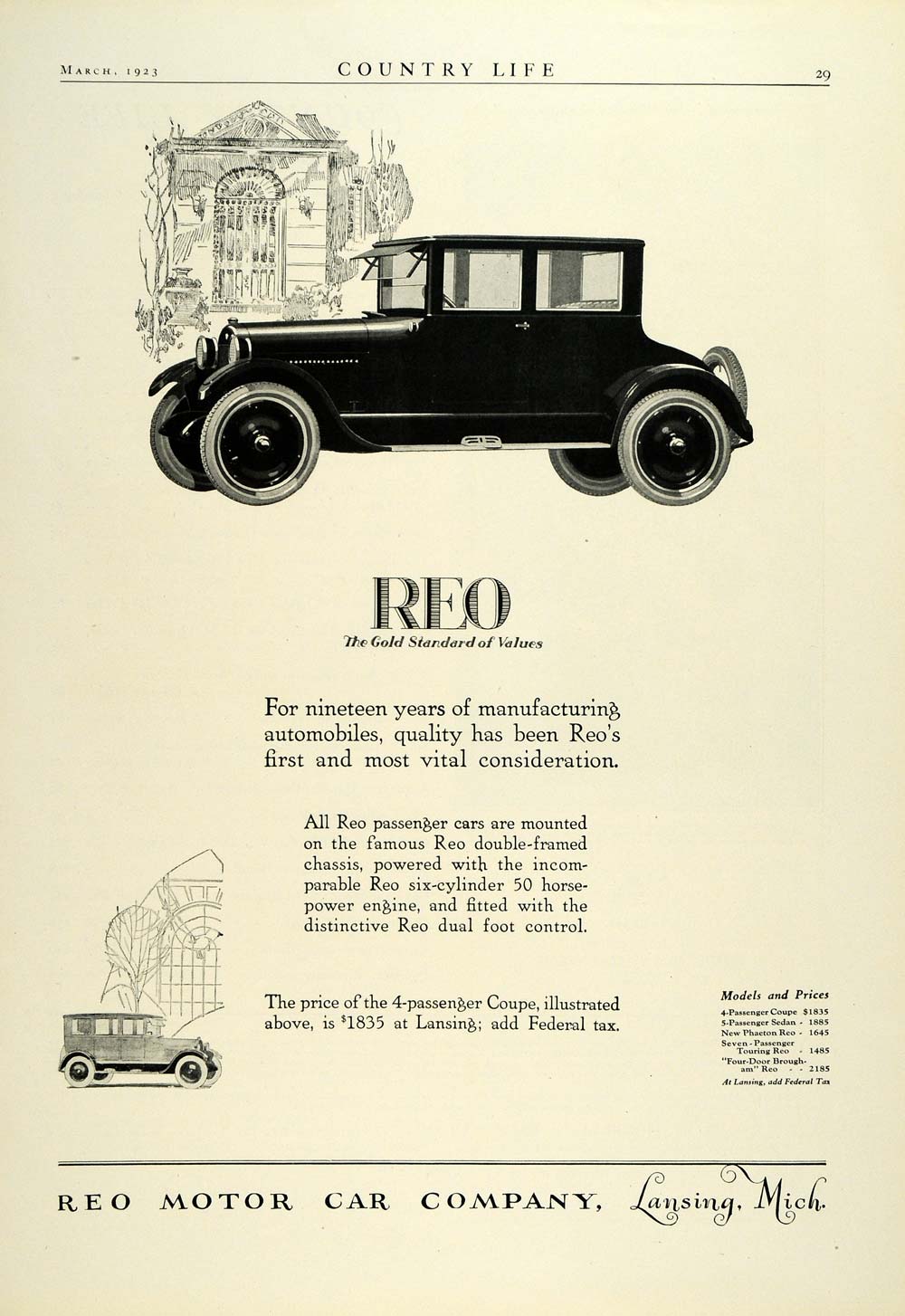 1923 Ad Reo 4-Passenger Coupe Lansing Automobile Vintage Motor Car Co COL3