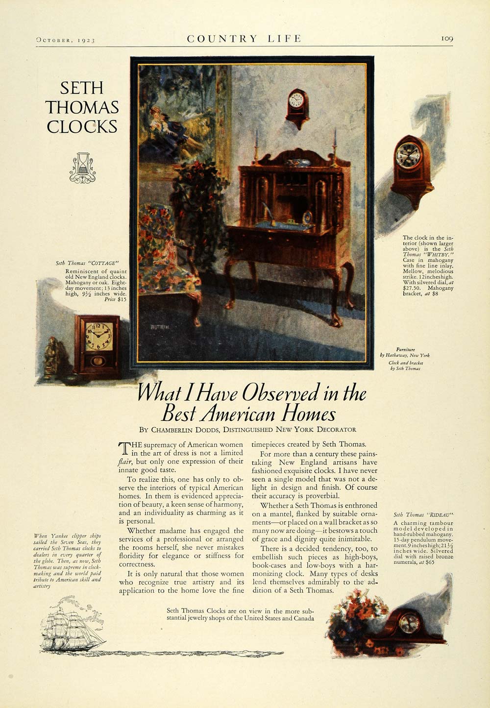 1923 Ad Seth Thomas Clocks Reminiscent New England Timepiece Rideau Design COL3