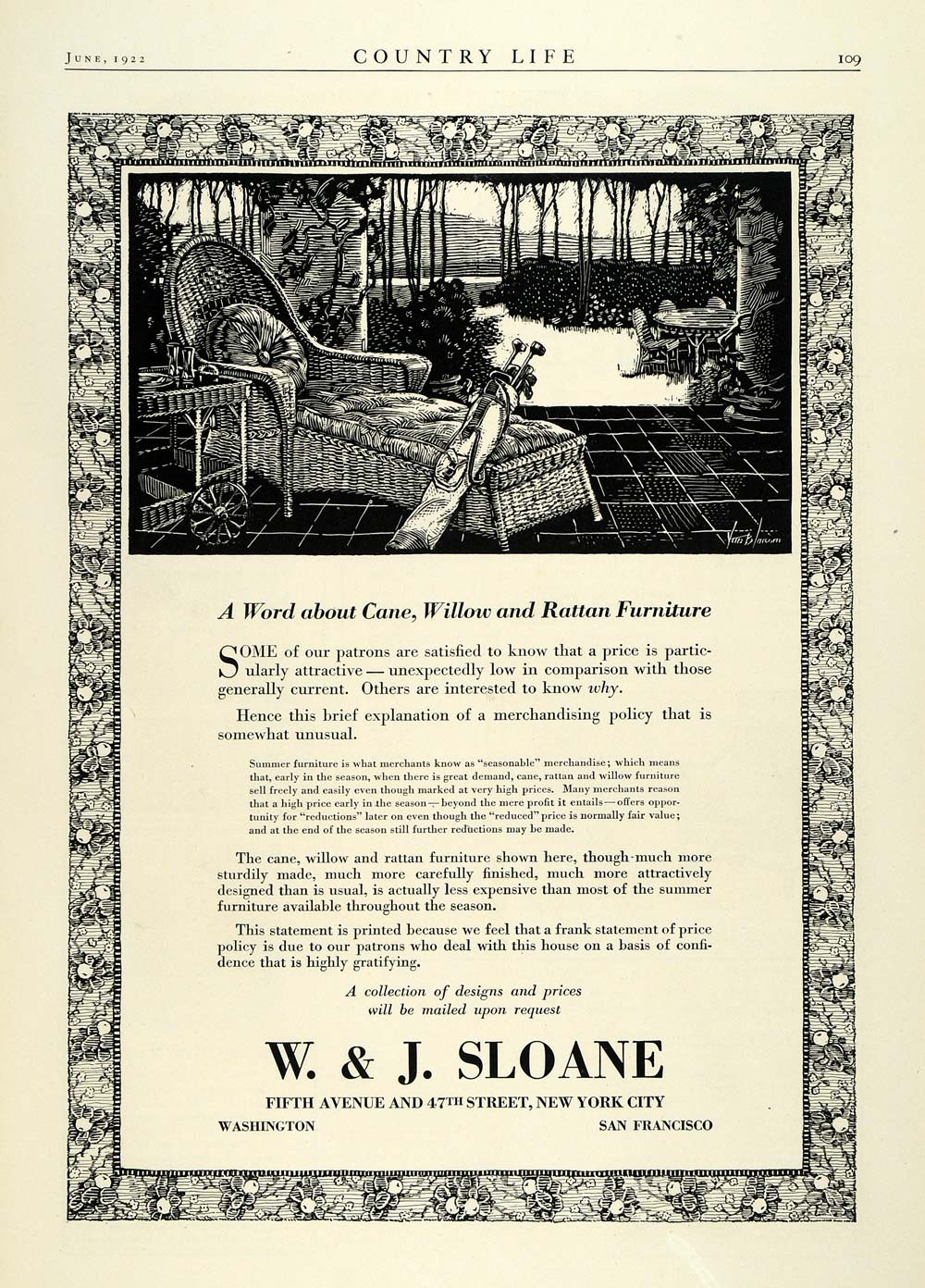 1922 Ad W & J Sloane New Yorky Wicker Furniture Rattan Vintage Clubs Chair COL3