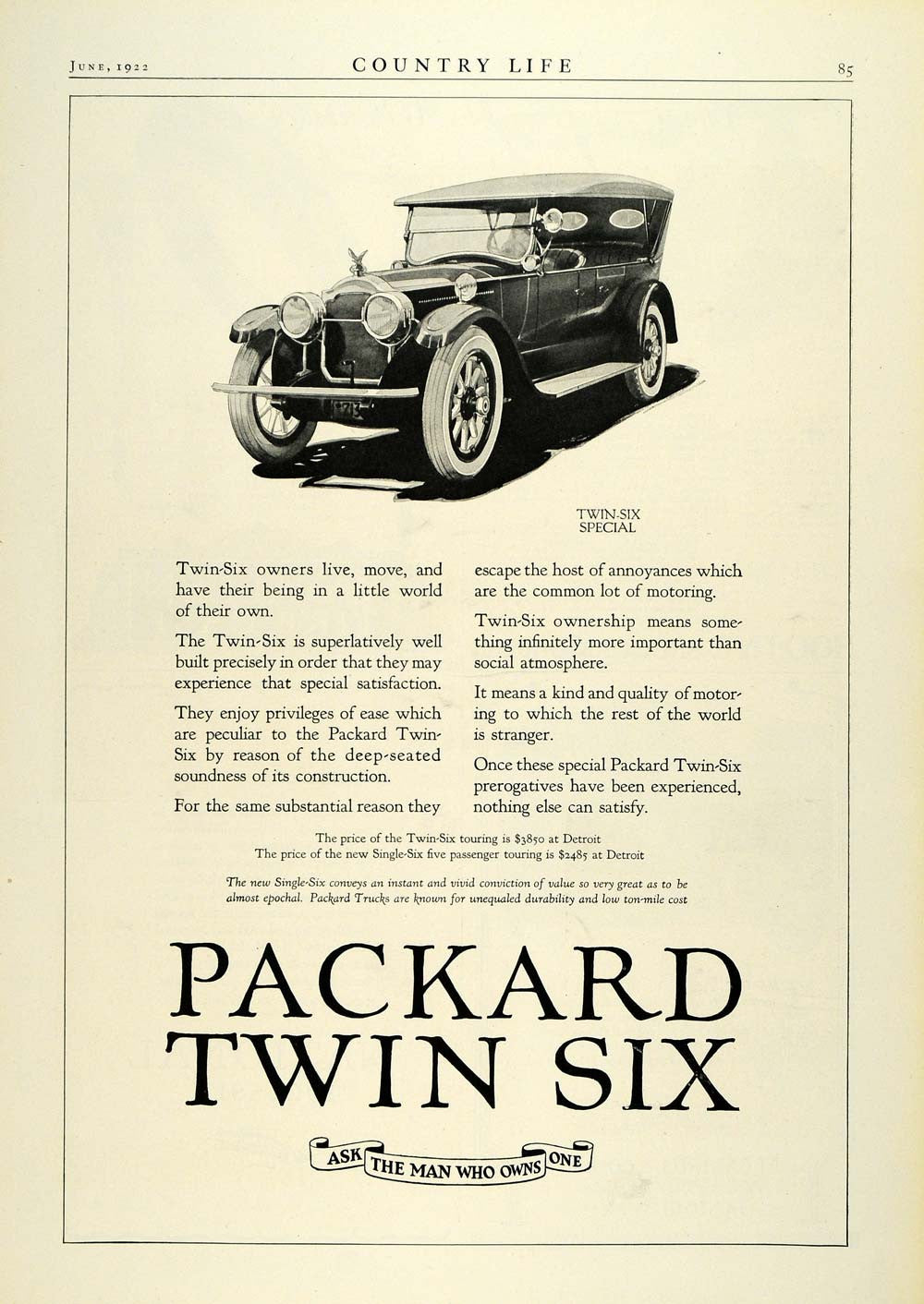 1922 Ad Packard Twin Six Special Automobile Vintage Motor Vehicle Motor Car COL3