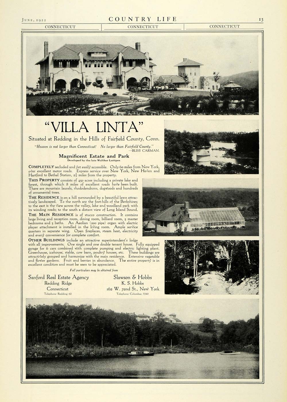 1922 Ad Sanford Real Estate Agency Redding Ridge Connecticut Villa Linta COL3