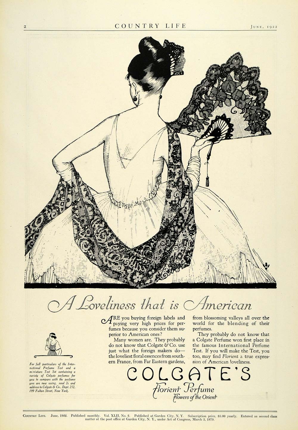 1922 Ad Colgate Florient Perfume Orient Dress Upholstered Scarf Hand Fan COL3