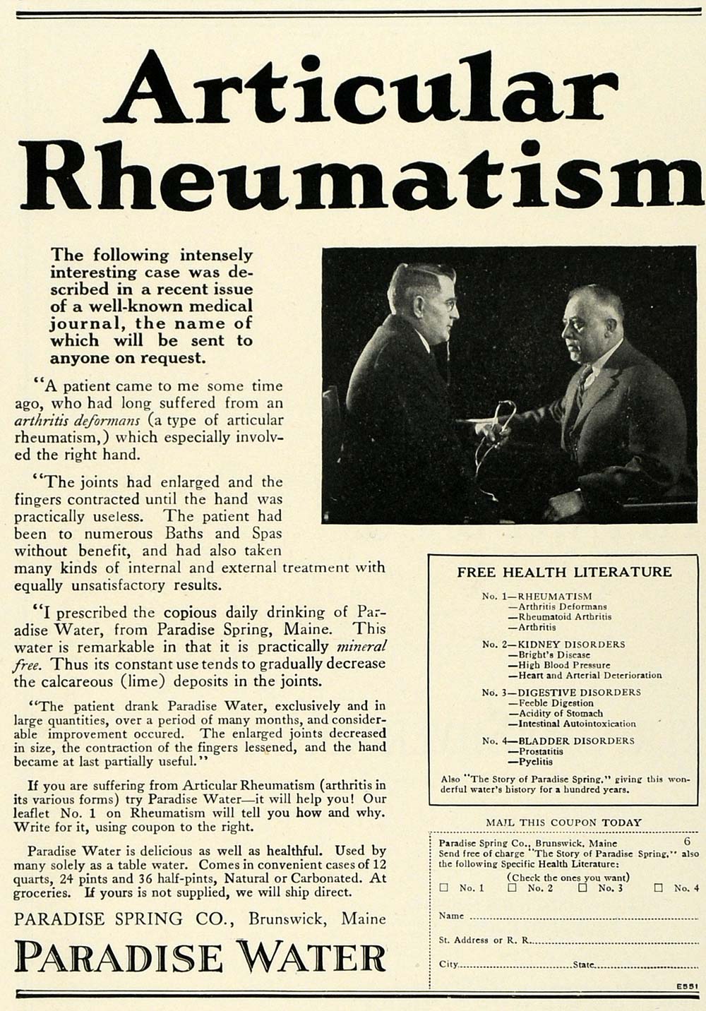 1922 Ad Paradise Spring Water Brunswick Maine Rheumatism Medical Quackery COL3