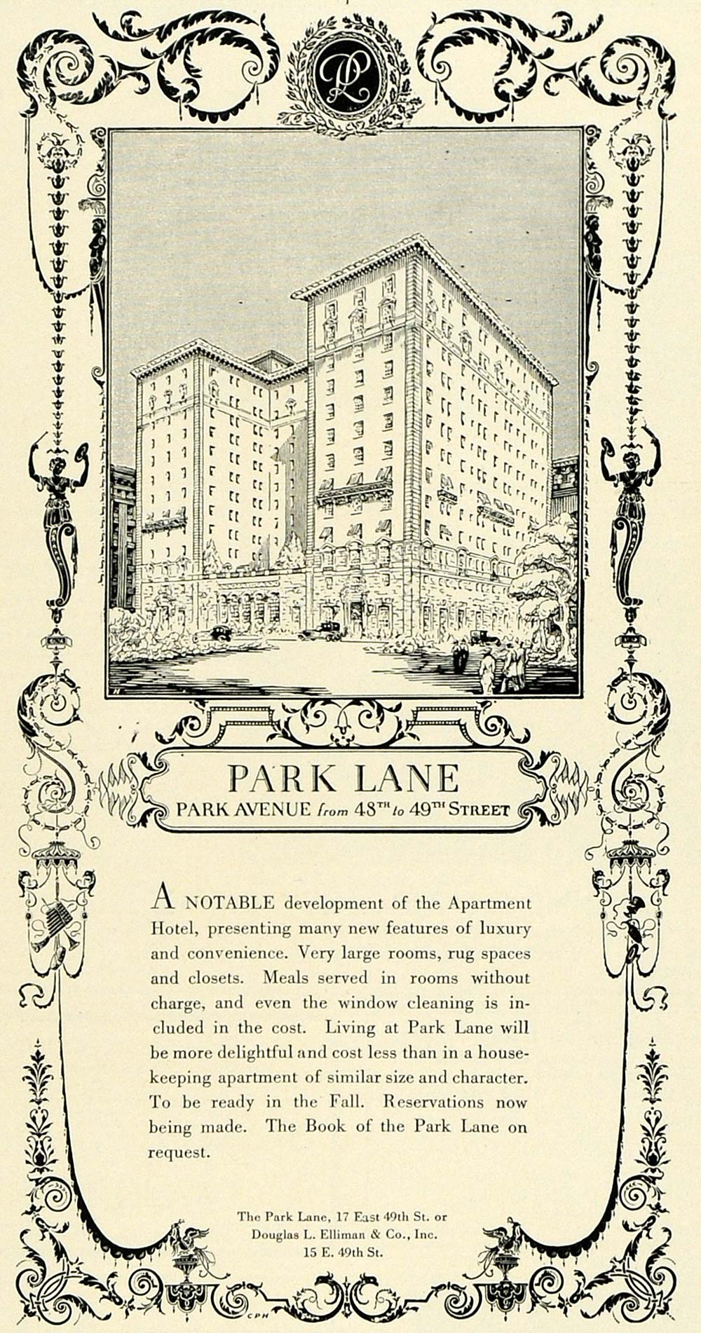 1923 Ad Park Lane Luxury Apartment Hotel Lodging New York Douglas L COL3
