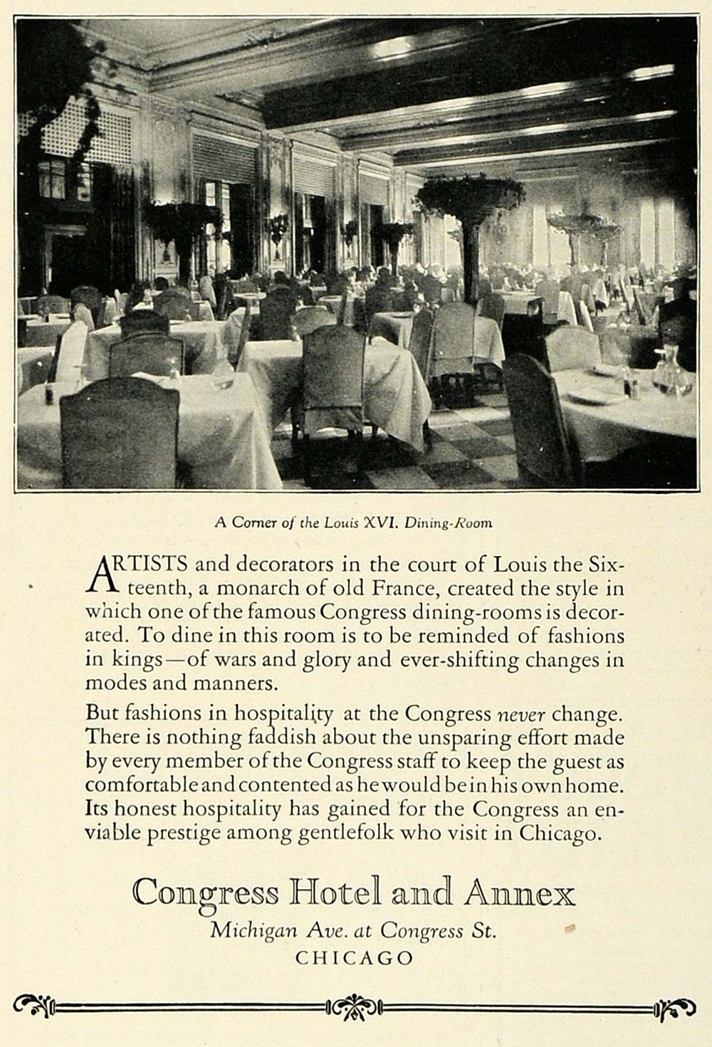 1922 Ad Historic Congress Hotel Chicago Luxury Lodging Louis XVI Dining COL3