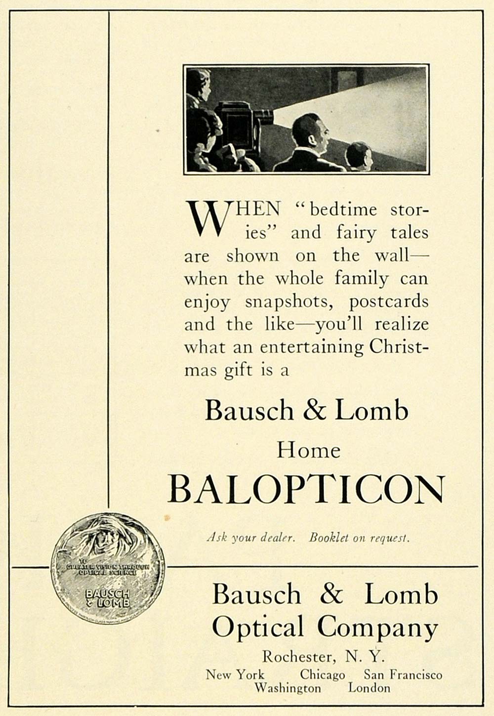 1923 Ad Bausch Lomb Optical Balopticon Home Movie Camera Projector COL3