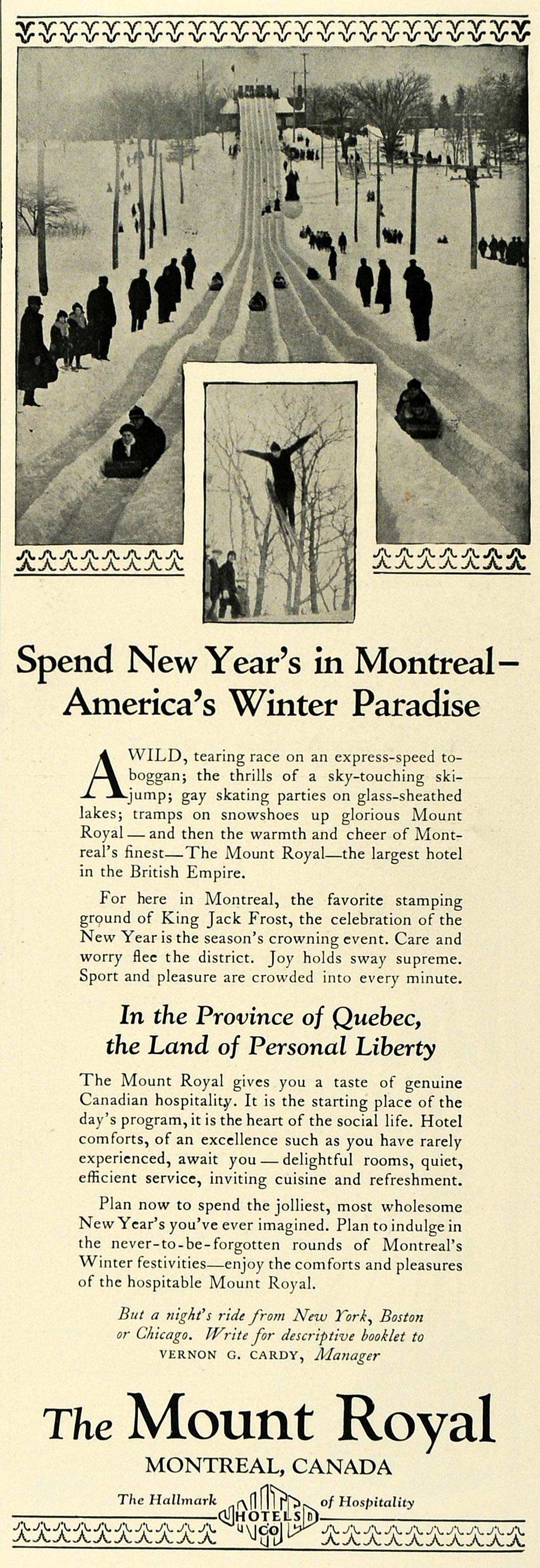 1923 Ad Mount Royal Montreal Canada Hotel Resort Toboggan Hill Snow Ski COL3