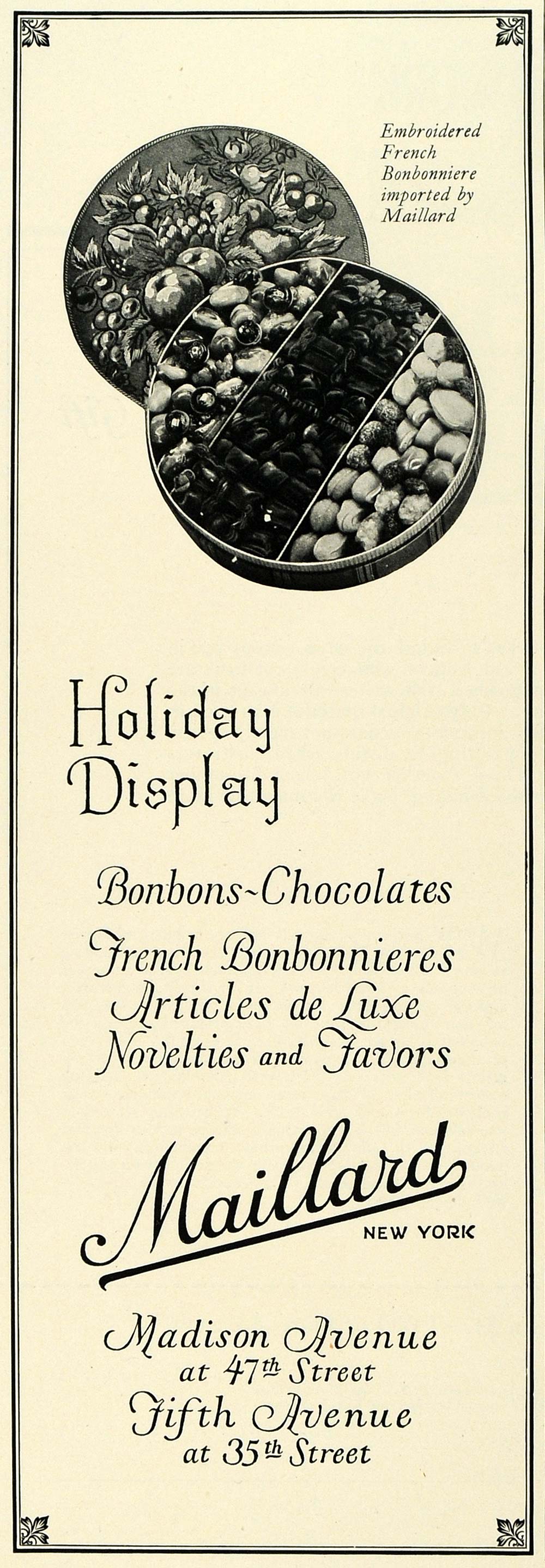 1923 Ad Maillard Holiday Bonbons Chocolates French Bonbonnieres Candy COL3