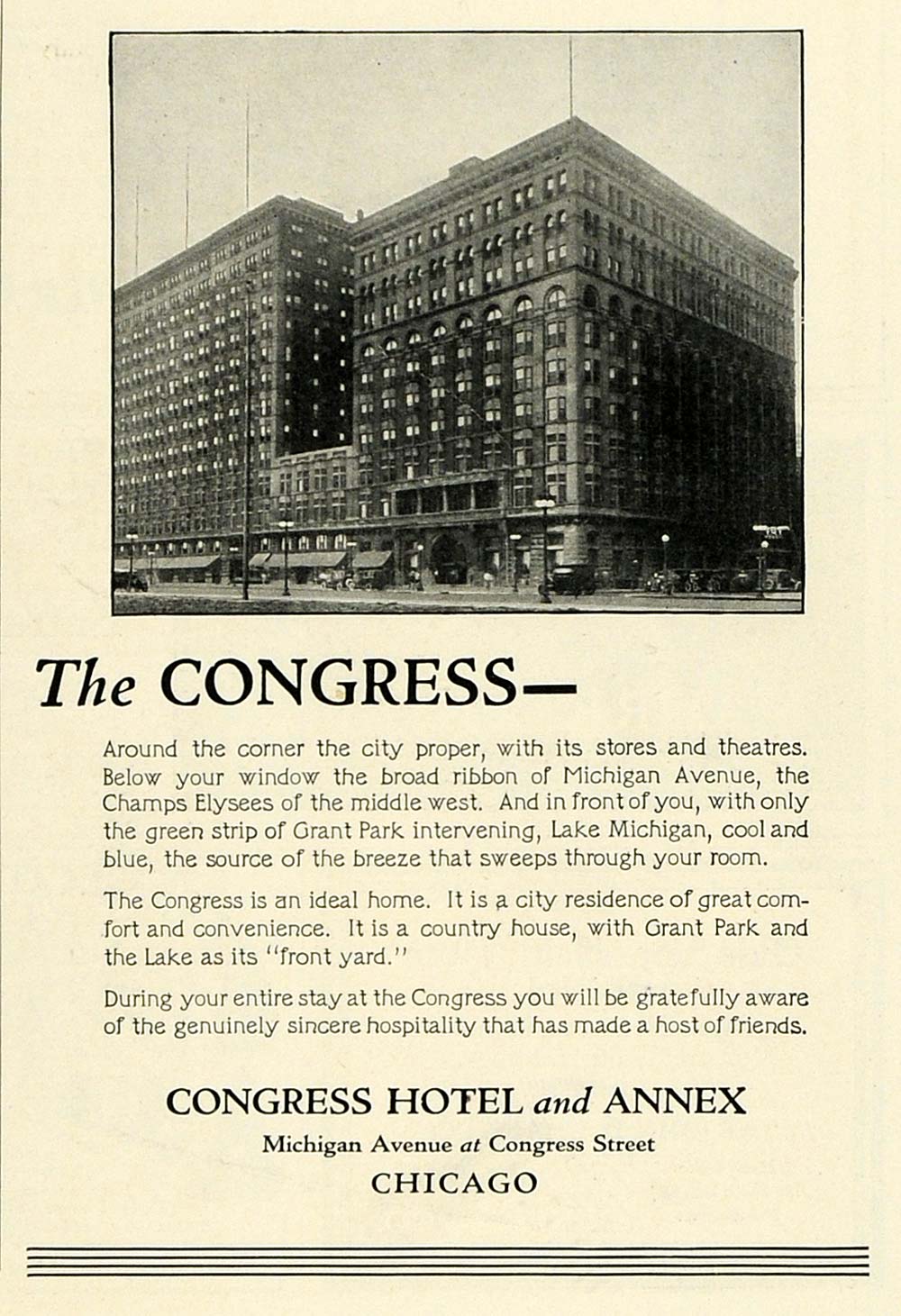 1922 Ad Historic Congress Hotel Michigan Avenue Chicago Luxury Lodging COL3