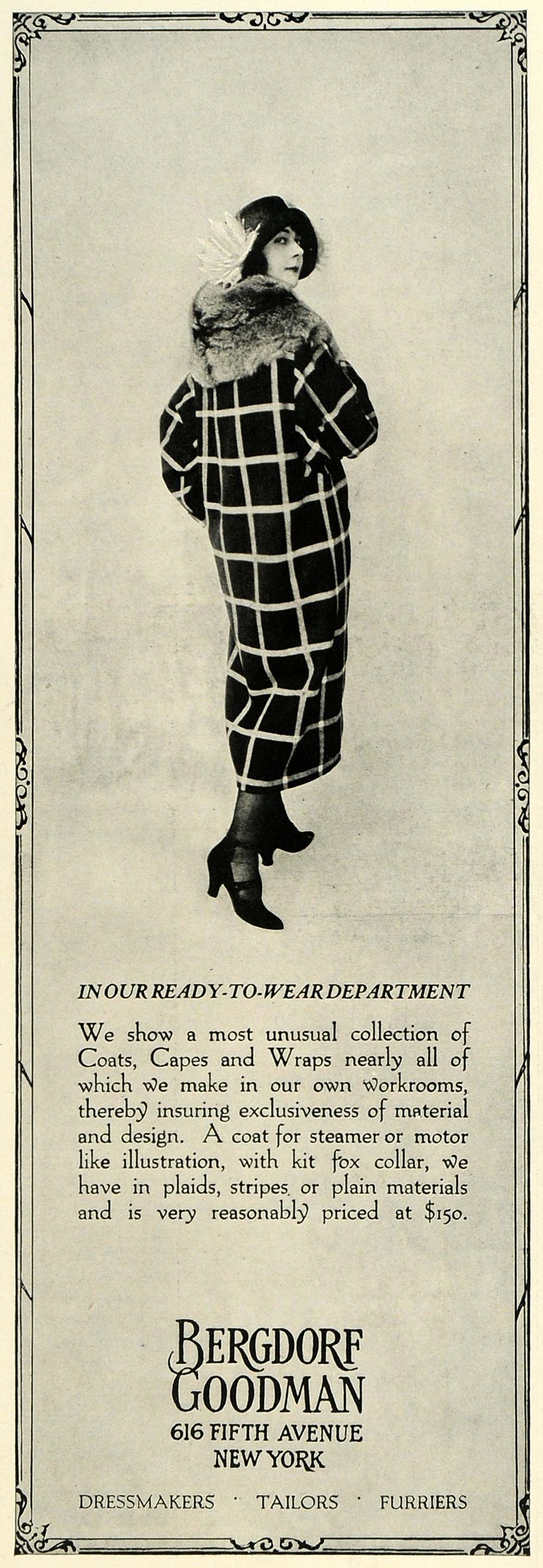 1922 Ad Bergdorf Goodman Retail Store Fur Coats Fashion Clothing Price –  Period Paper Historic Art LLC