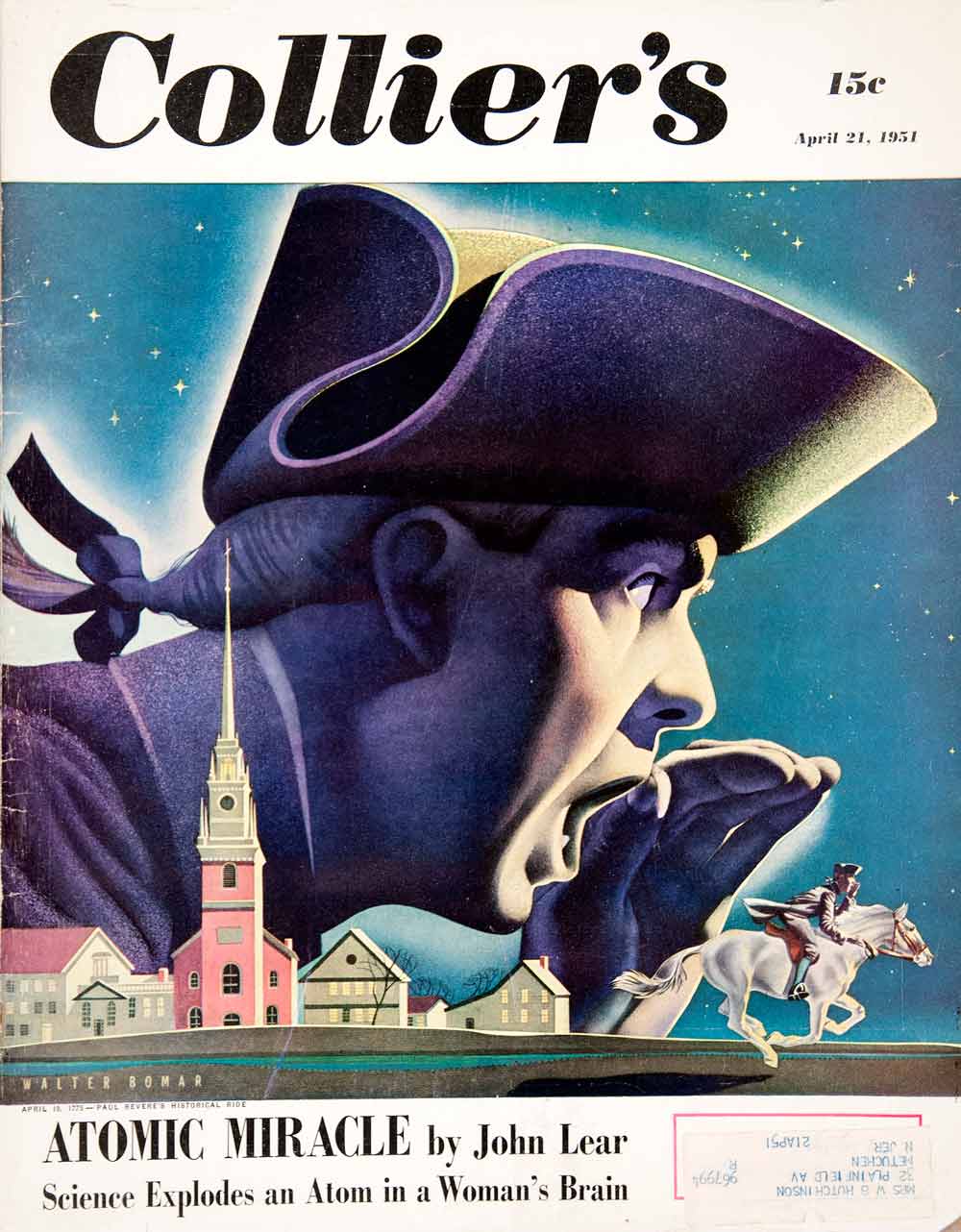 1951 Cover Colliers Paul Revere Midnight Horse Ride Walter Bomar Bicombe COLL1