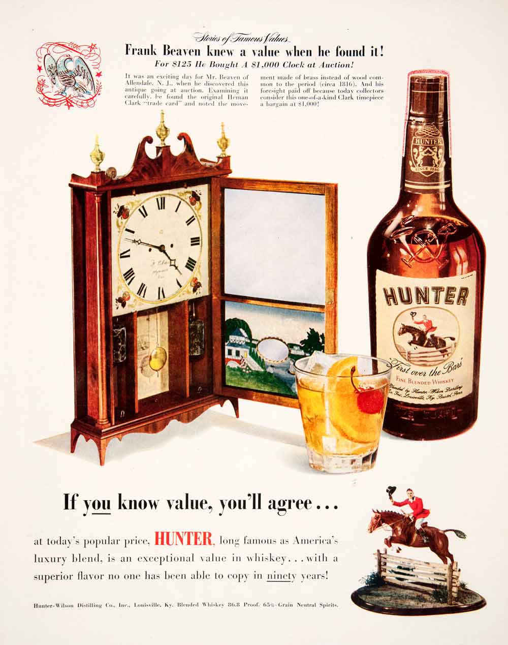 1950 Ad Hunter Wilson Distilling Whiskey Louisville Kentucky Clock Horse COLL1