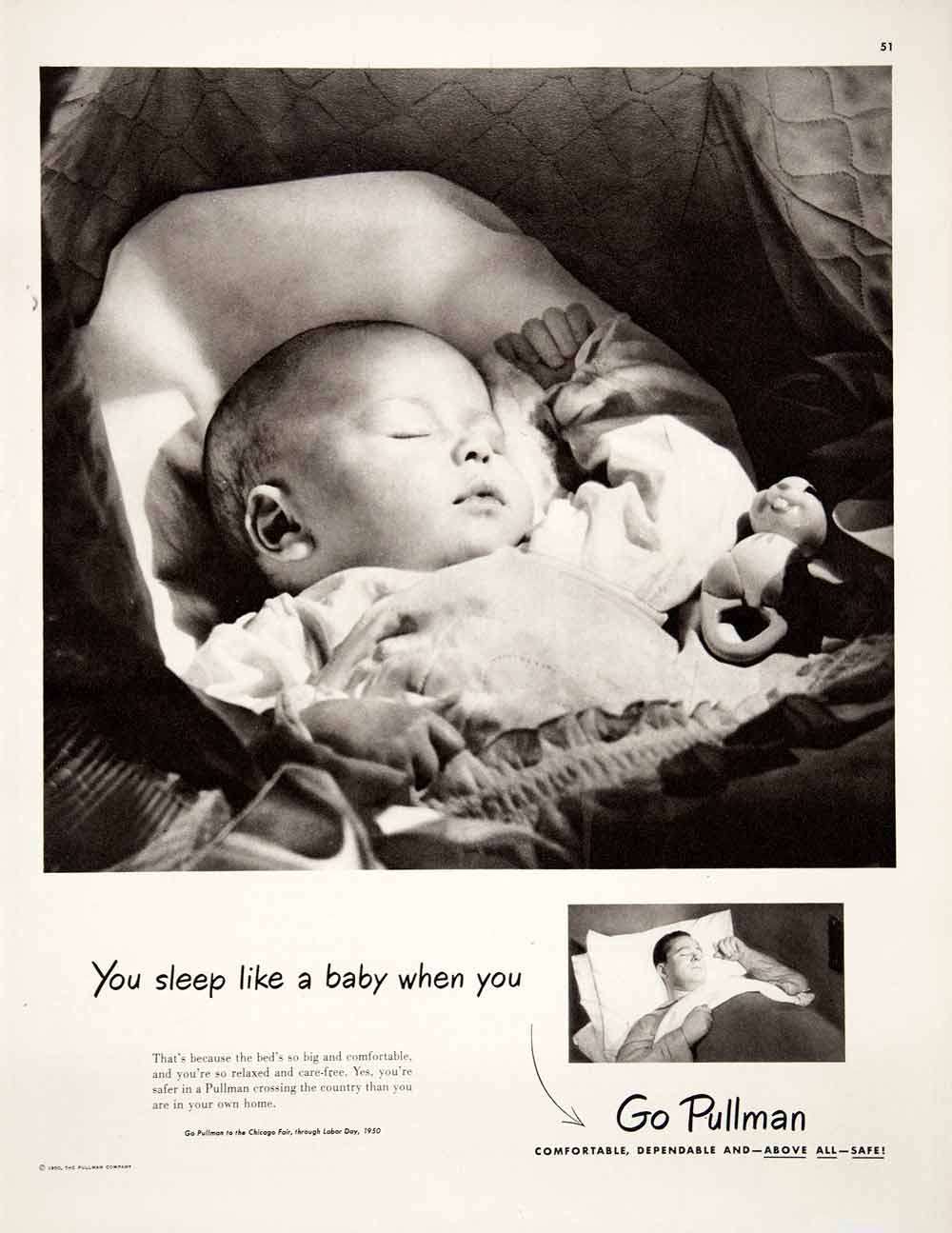 1950 Ad Go Pullman Palace Sleeping Train Railroad Cars Sleep Baby Chicago COLL1