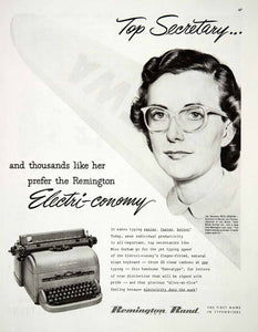 1950 Ad Remington Rand Typewriter Electri Conomy Secretary Trans World COLL1