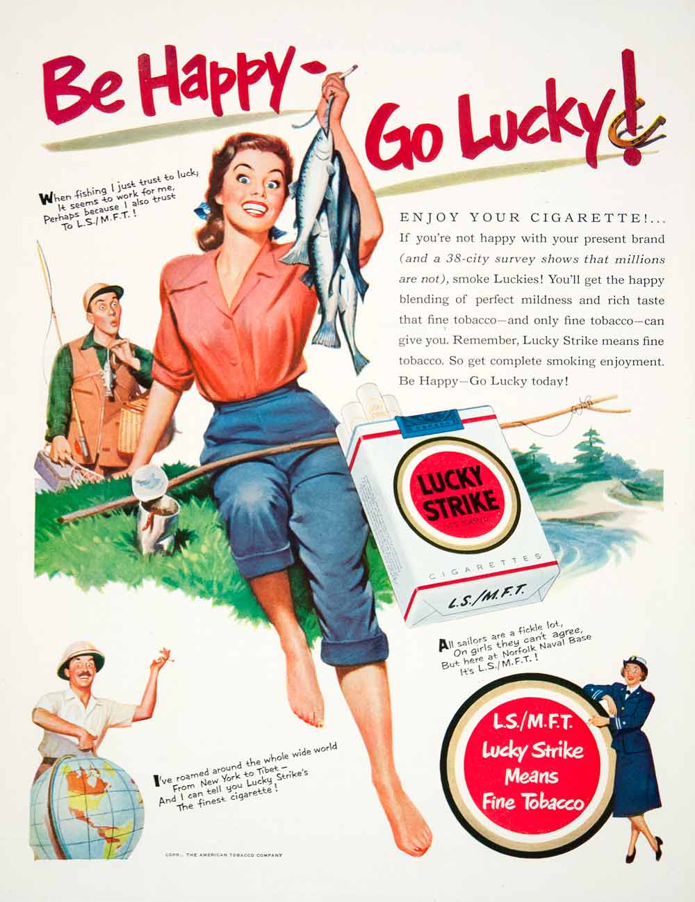 what year did lucky strike cigarettes come out 1951 Ad Lucky Strike Cigarettes Tobacco Fishing Explorer Norfolk Naval COLL1