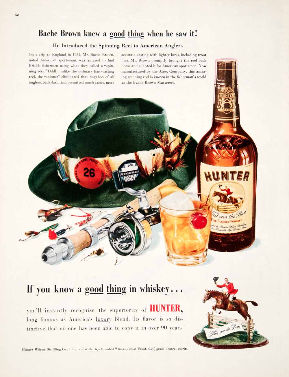 1951 Ad Hunter Wilson Distilling Whiskey Bache Brown Spinning Reel Angler COLL1