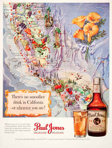 1950 Ad Paul Jones Whiskey Frankfort Distiller California Map Poppy COLL1