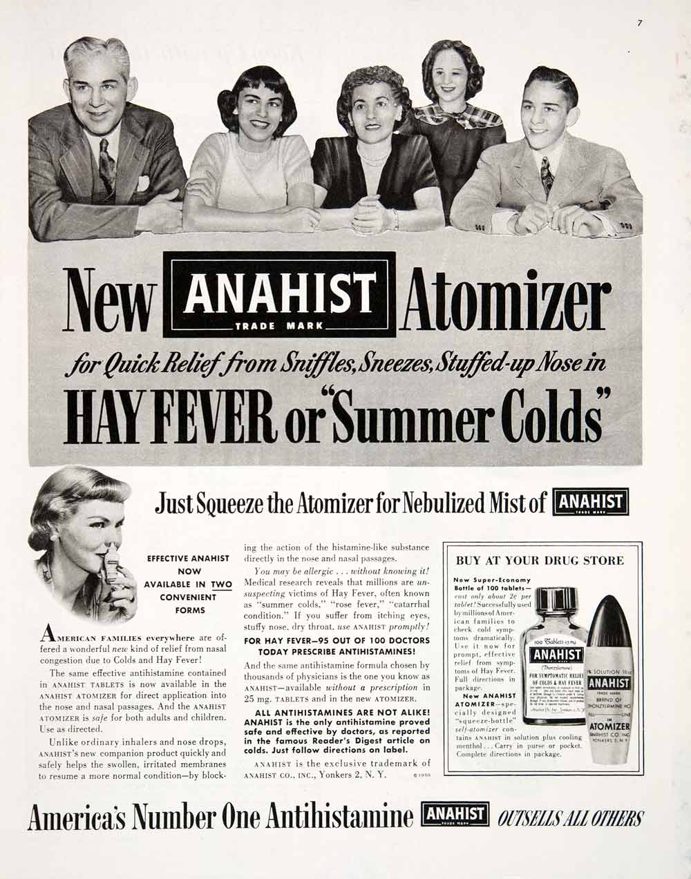 1950 Ad Anahist Atomizers Yonkers New York Hay Fever Summer Colds COLL1