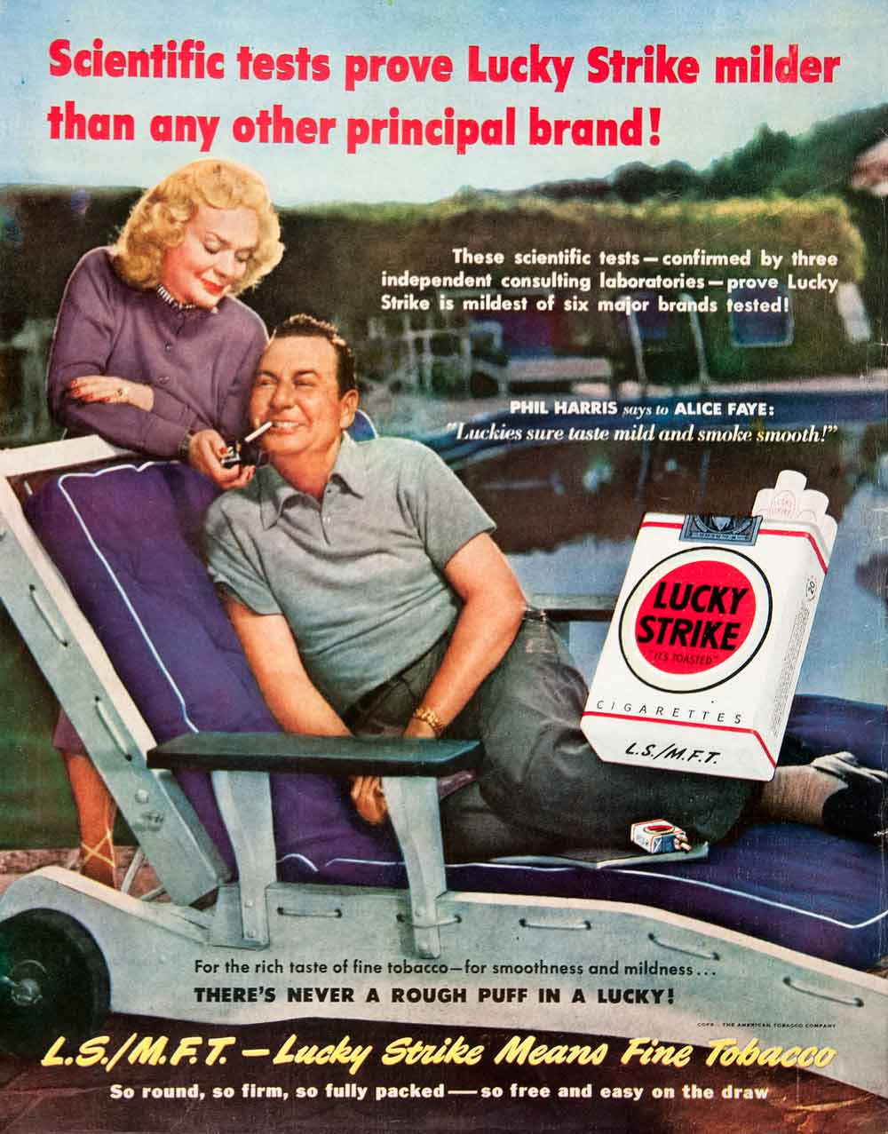 1950 Ad Lucky Strike Cigarettes Phil Harris Alice Faye Pool Lounge Chair COLL1
