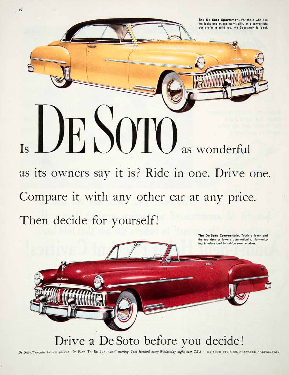 1950 Ad De Soto Division Sporstman Convertible Automobile Chrysler Motor COLL1