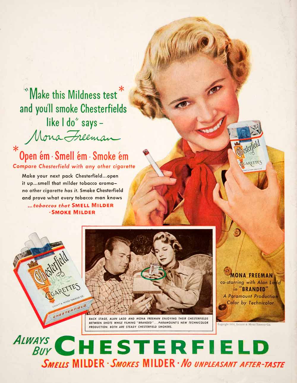 1951 Ad Chesterfield Cigarettes L&M Alan Ladd Mona Freeman Branded COLL1