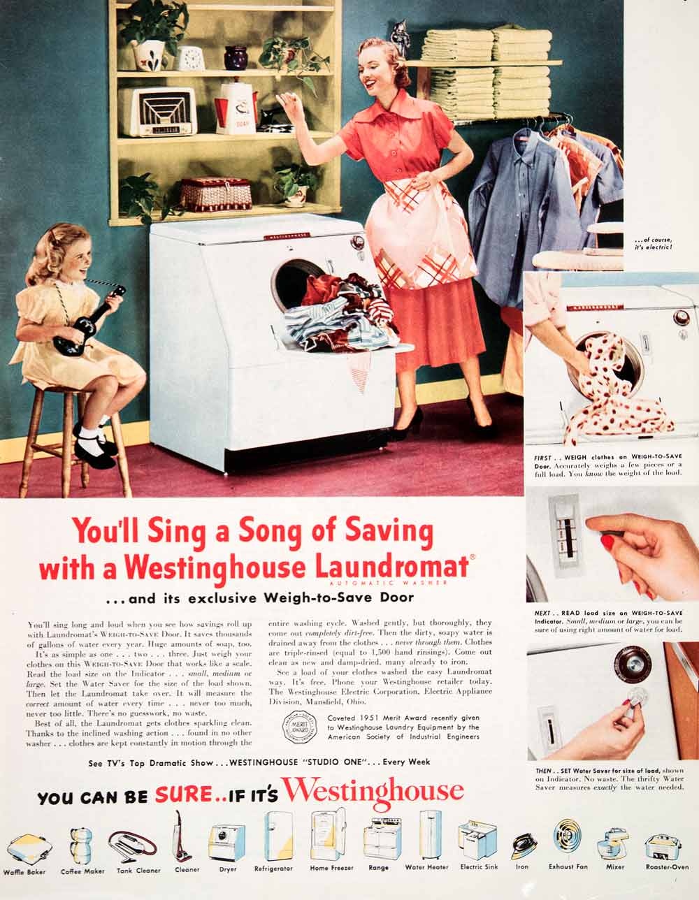 1951 Ad Westinghouse Laundromat Washing Machine Daughter Ukulele Electric COLL1