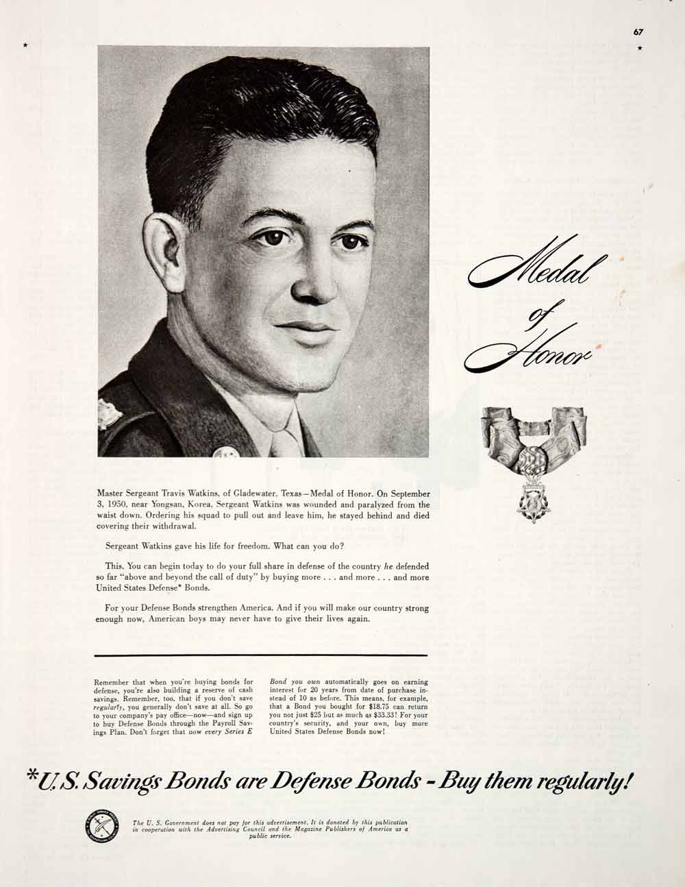 1951 Ad U S Saving Bond Defense Sergeant Travis Watkins Gladewater Texas COLL2