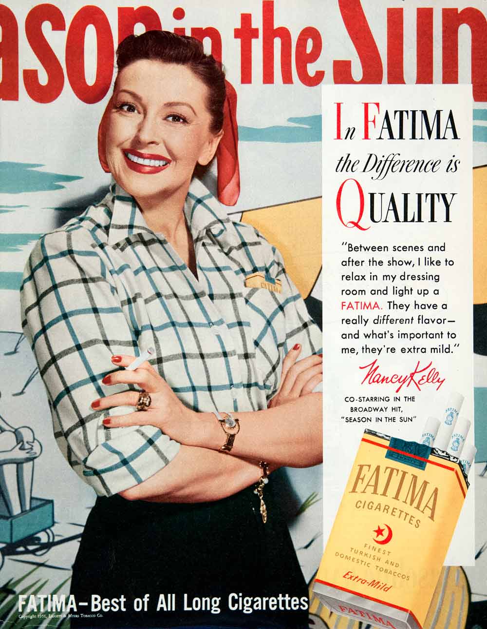 1951 Ad Fatima Cigarettes Liggett Myers Tobacco Nancy Kelly Actress COLL2