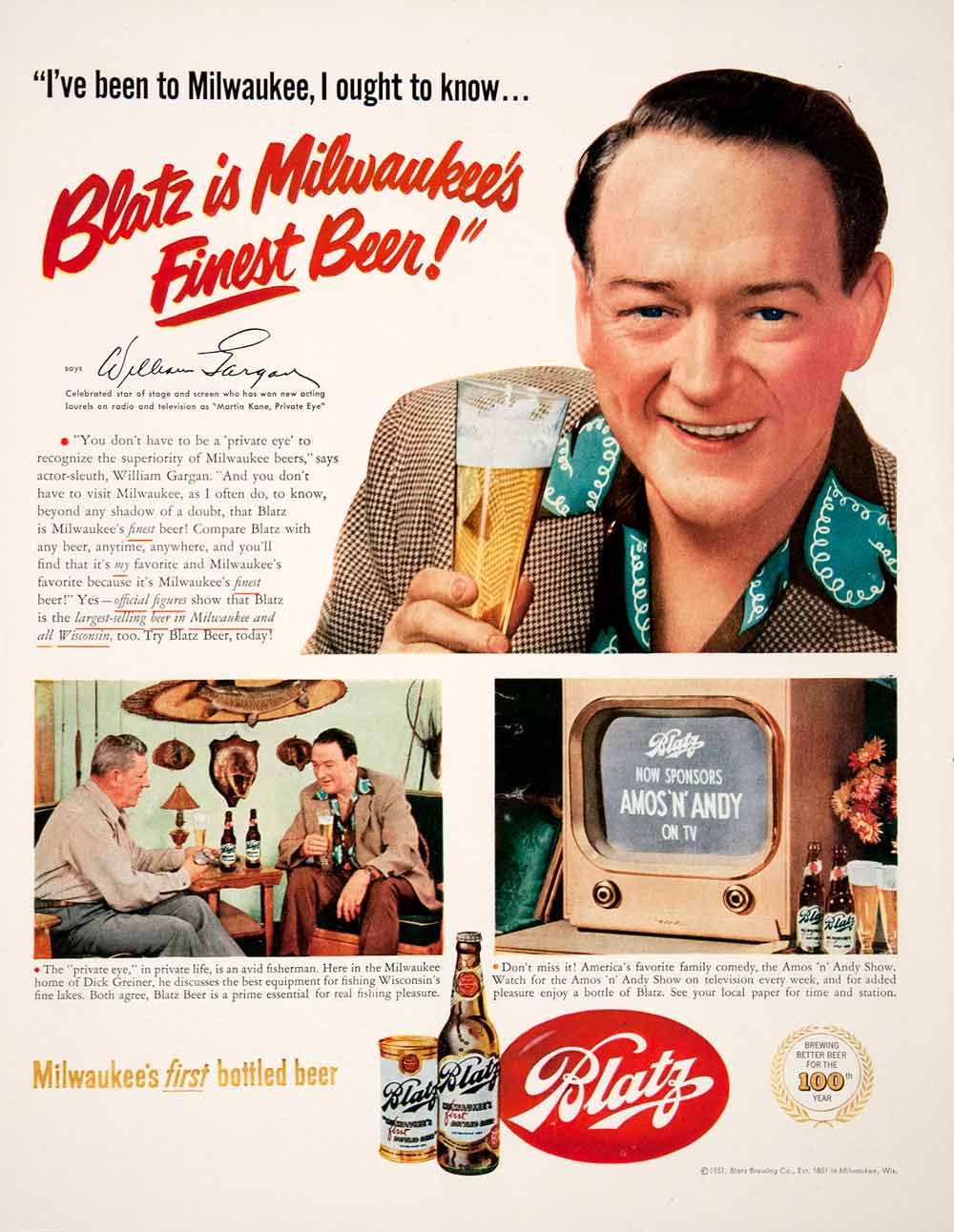 1951 Ad Blatz Beer Brewing Milwaukee William Gargan Amos Andy Show Fir –  Period Paper Historic Art LLC