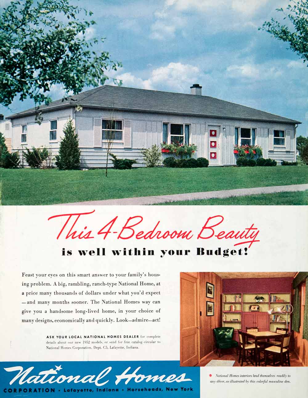1951 Ad Four Bedroom Ranch House National Homes Horseheads Modular COLL2
