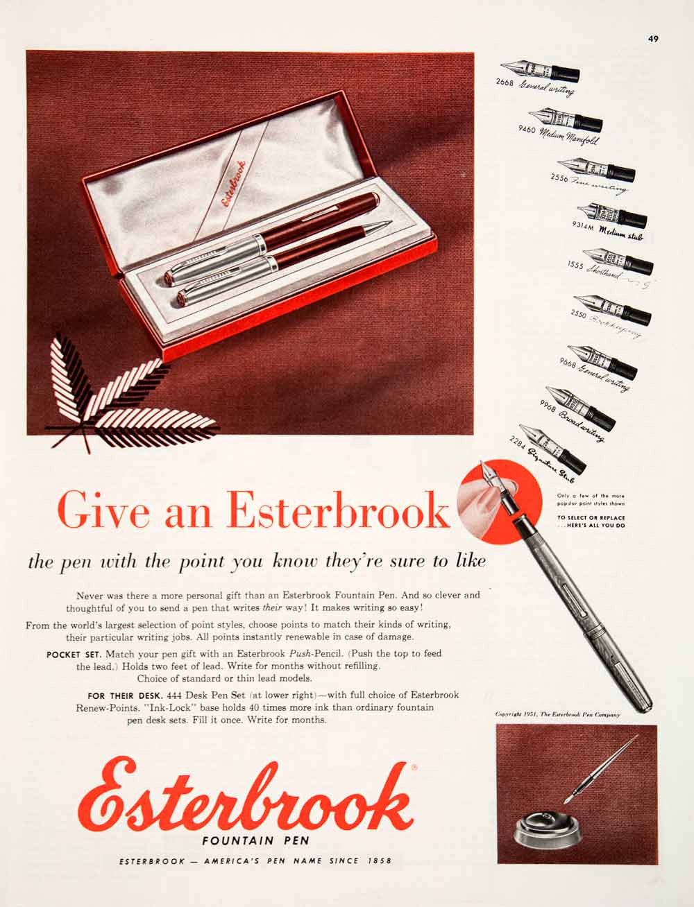 1951 Ad Esterbrook Fountain Pen Company Gift Box Refillable Tips Writing COLL2