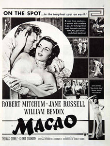 1952 Ad Macao Movie Robert Mitchum Jane Russel Sing William Bendix RKO COLL2