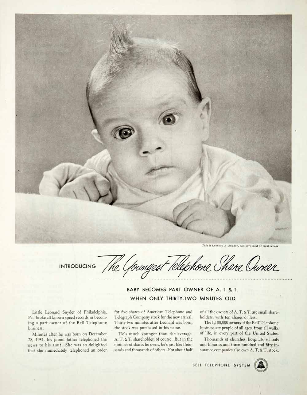 1952 Ad ATT&T Bell Telephone System Leonard A. Snyder Baby Stock COLL2
