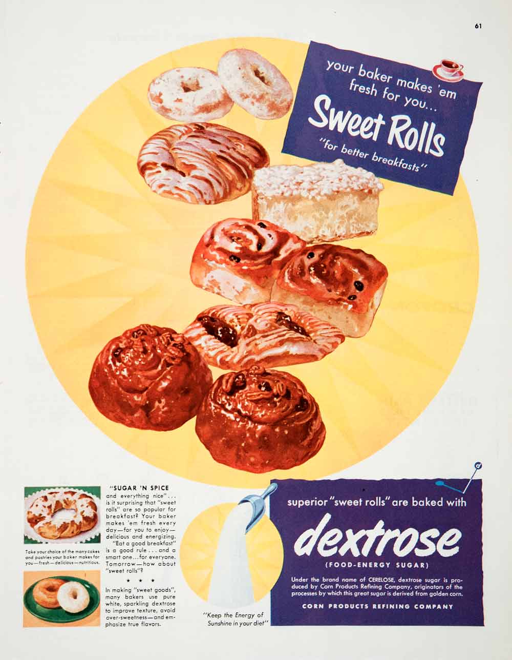 1951 Ad Dextrose Food Energy Sugar Sweet Rolls Baker Corn Product Refining COLL2