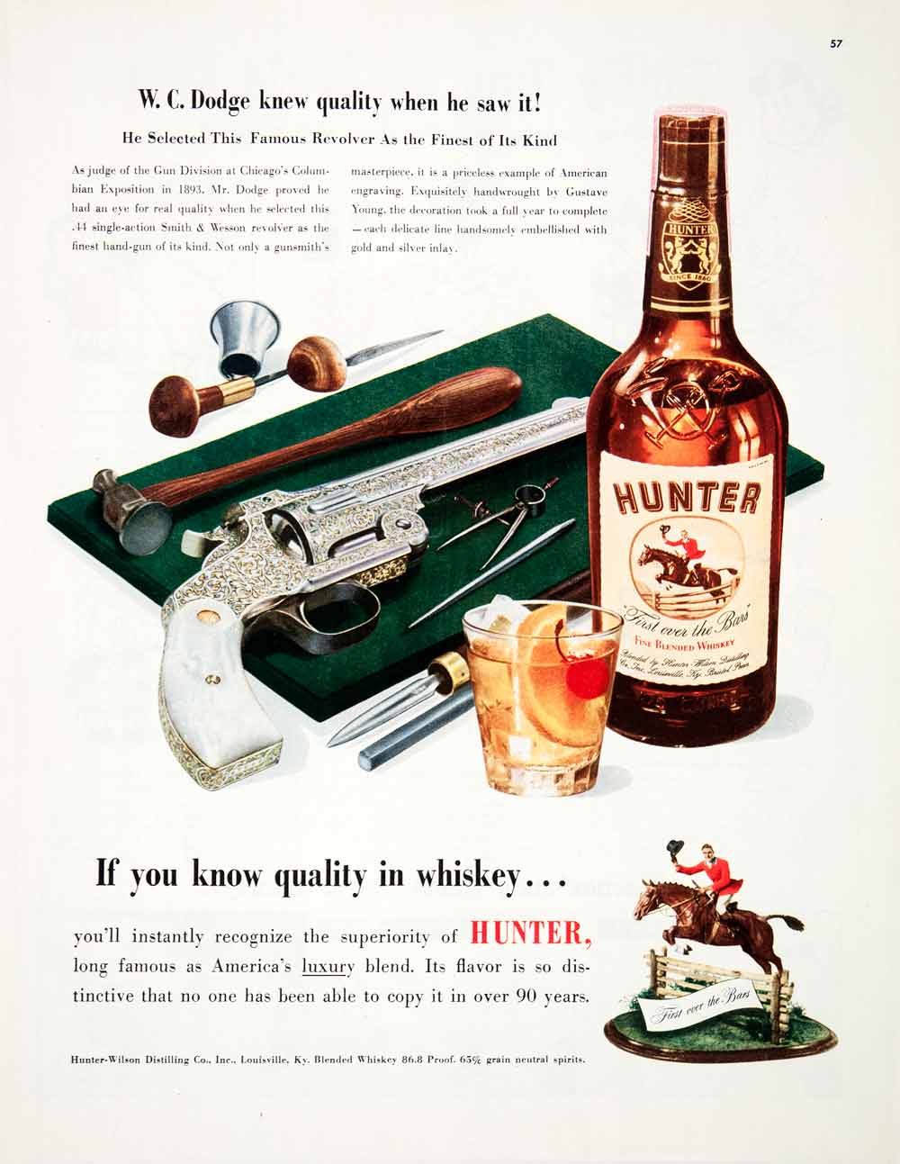 1951 Ad Hunter Whiskey W.C. Dodge Revolver Louisville Kentucky Horse Gun COLL2