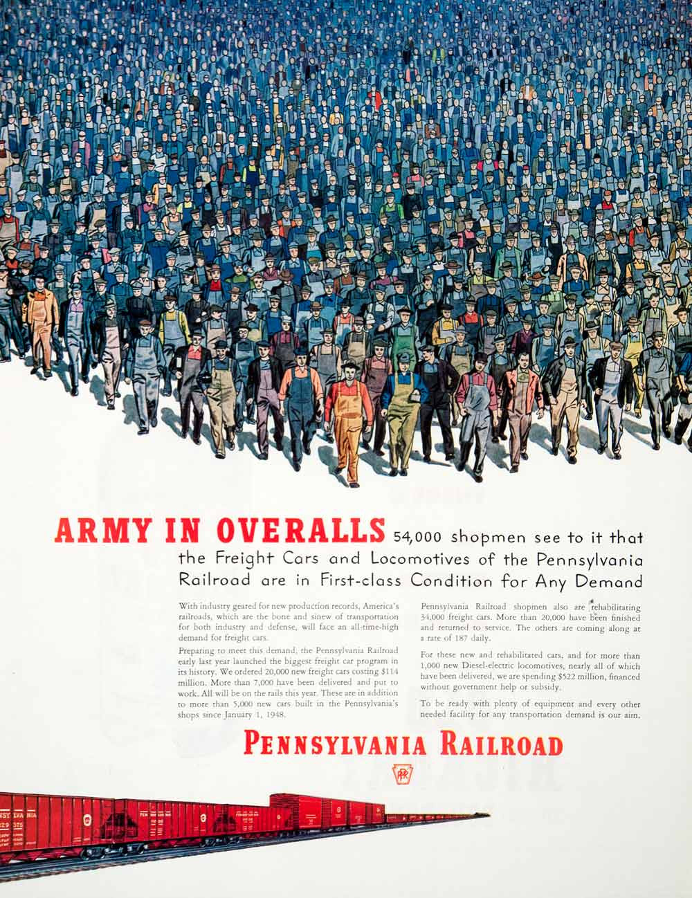 1951 Ad Pennsylvania Railroad Army Overalls Locomotive Freight Cars Train COLL2