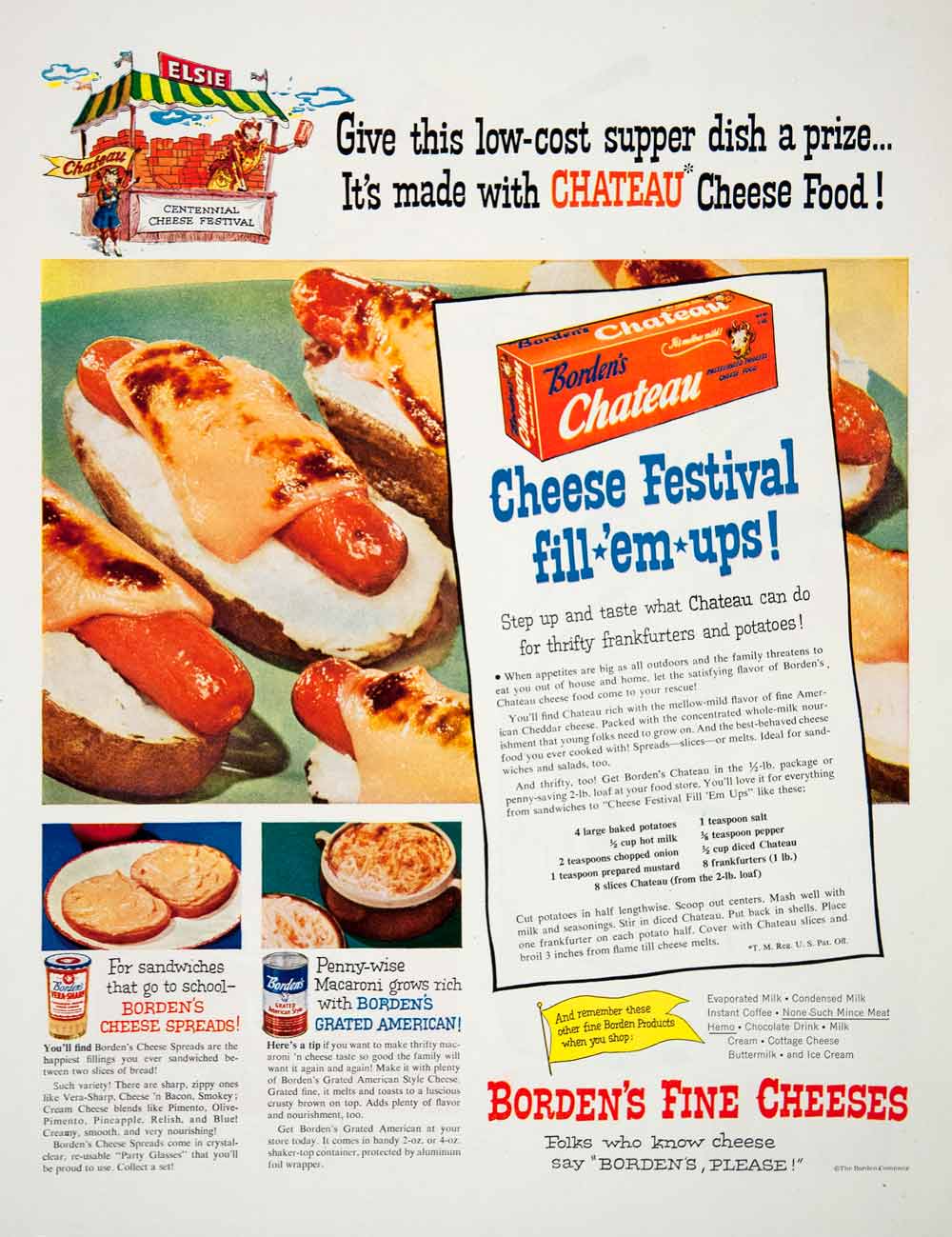 1951 Ad Bordens Fine Cheese Chateau Grated American Spreads Hot Dog COLL2